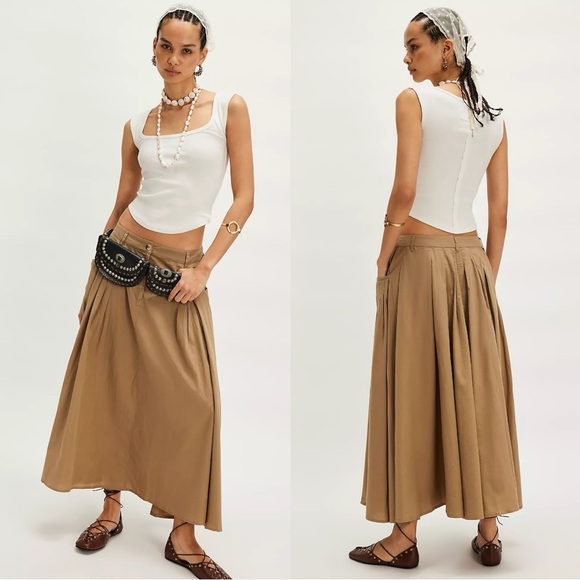 Free People All Around Midi Maxi Full Skirt Olive Tan Khaki Size Large Neutral - Picture 3 of 14